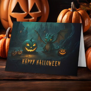 Cute  Halloween Dragon with Scary Pumpkins Holiday Card