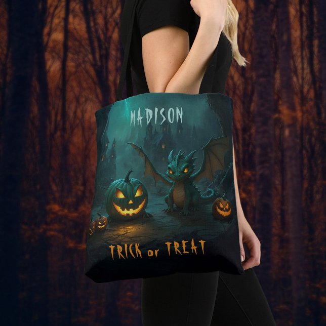Cute Halloween Dragon with Scary Pumpkins Name Tote Bag (Creator Uploaded)