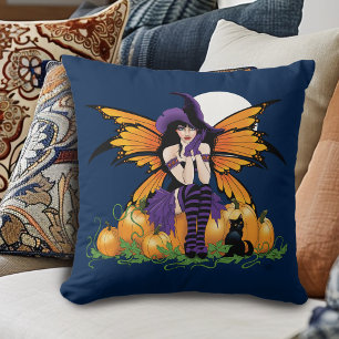 Cute Halloween Fairy Pumpkin Patch Black Cat Cushion