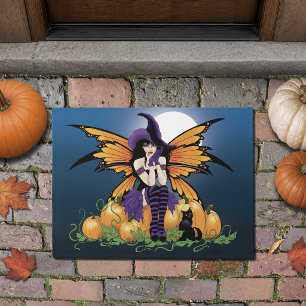 Cute Halloween Fairy Pumpkin Patch Black Cat Doormat