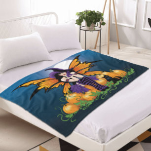 Cute Halloween Fairy Pumpkin Patch Black Cat Fleece Blanket