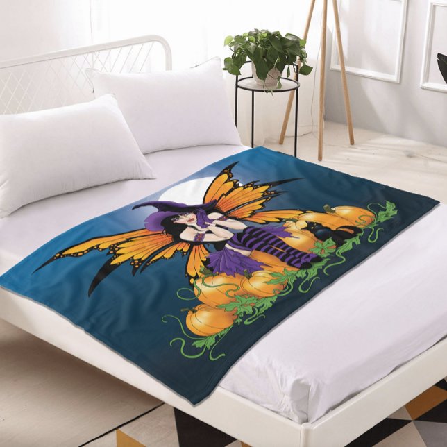 Cute Halloween Fairy Pumpkin Patch Black Cat Fleece Blanket (Creator Uploaded)