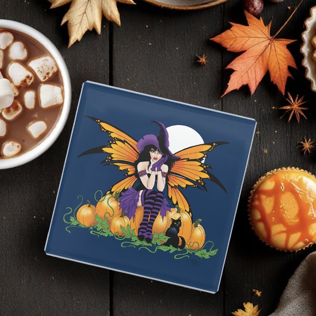 Cute Halloween Fairy Pumpkin Patch Black Cat Glass Coaster (Creator Uploaded)