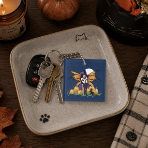 Cute Halloween Fairy Pumpkin Patch Black Cat Key Ring
