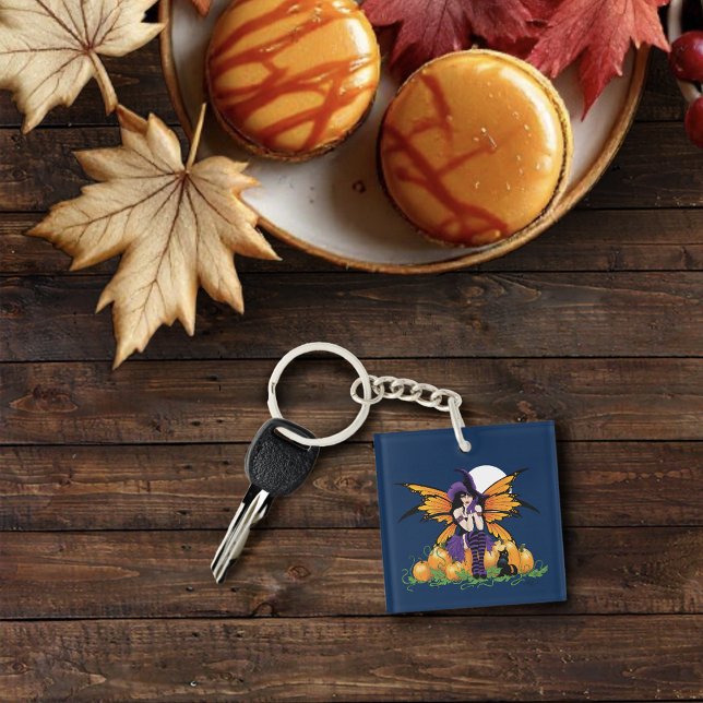 Cute Halloween Fairy Pumpkin Patch Black Cat Key Ring (Creator Uploaded)