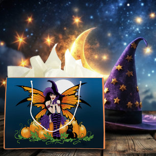 Cute Halloween Fairy Pumpkin Patch Black Cat Large Gift Bag