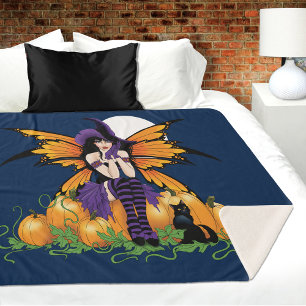 Cute Halloween Fairy Pumpkin Patch Black Cat Sherpa Blanket