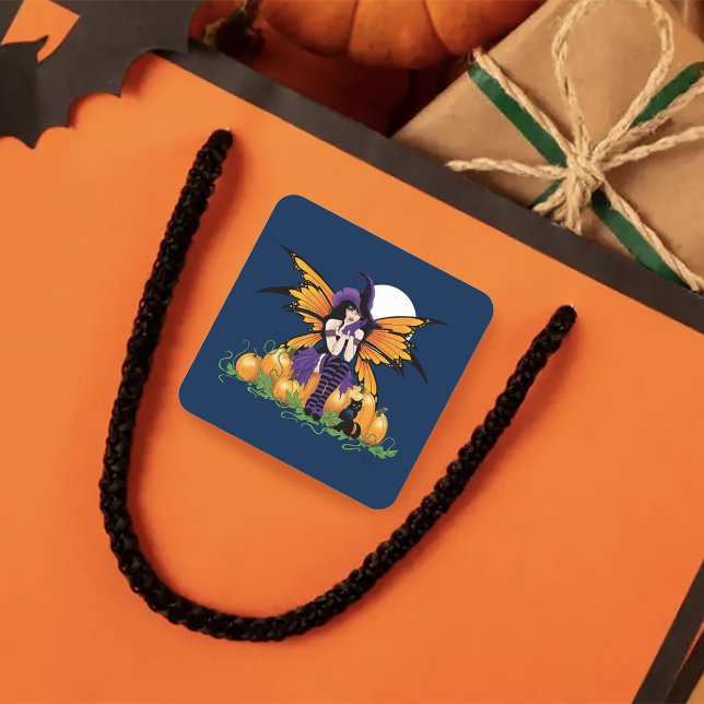 Cute Halloween Fairy Pumpkin Patch Black Cat Square Sticker (Creator Uploaded)