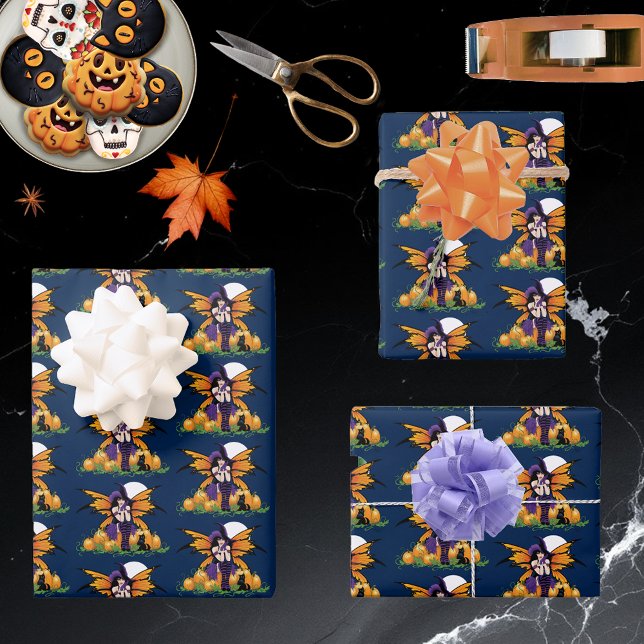 Cute Halloween Fairy Pumpkin Patch Black Cat Wrapping Paper Sheet (Creator Uploaded)