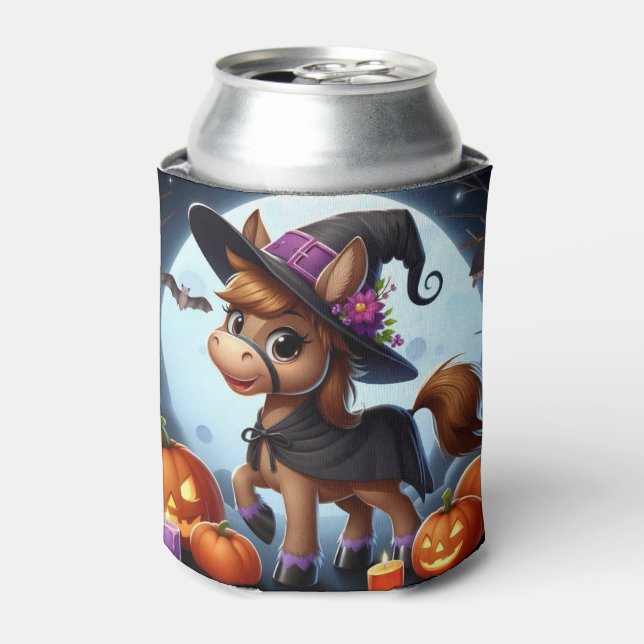 Cute Halloween/Fall horse, bat & pumpkins Can Cooler (Can Front)