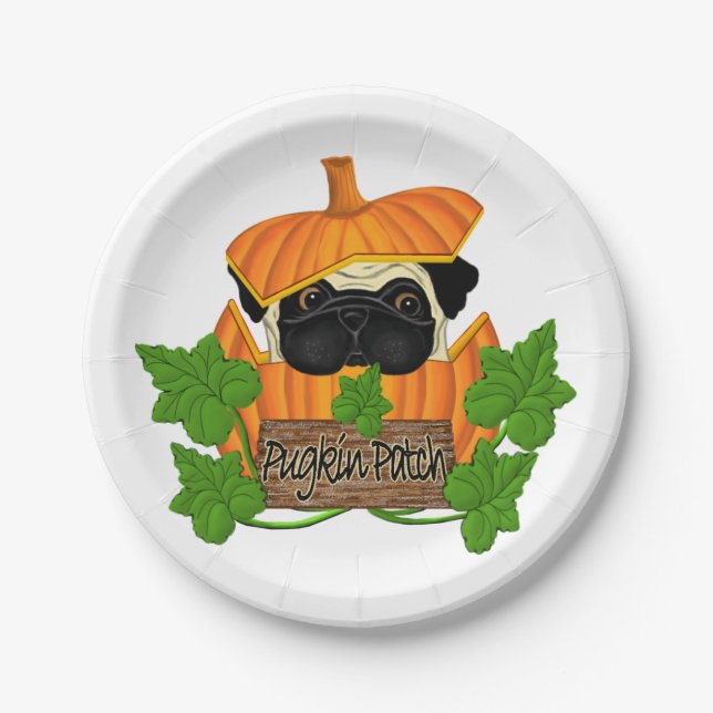 Cute Halloween Fall Pug Pugkin Pumpkin Patch Paper Plate (Front)