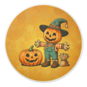 Cute Halloween/Fall scarecrow and pumpkin Ceramic Knob
