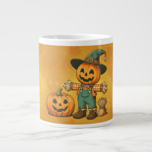 Cute Halloween/Fall scarecrow and pumpkin Large Coffee Mug