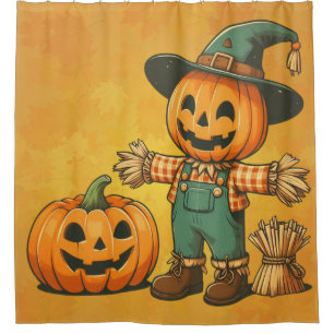 Cute Halloween/Fall scarecrow and pumpkin Shower Curtain