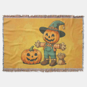 Cute Halloween/Fall scarecrow and pumpkin Throw Blanket