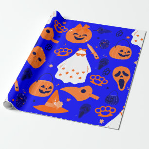 cute halloween floral ghost blue orange wrapping paper