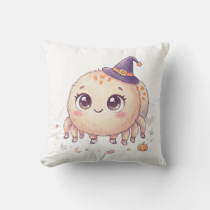 Cute Halloween Fluffy Spider with Witch Hat Colore Cushion