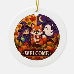 Cute Halloween Fox Witch Ghost Fall Autumn Welcome Ceramic Ornament