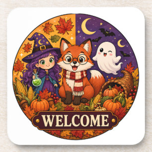 Cute Halloween Fox Witch Ghost Fall Autumn Welcome Coaster