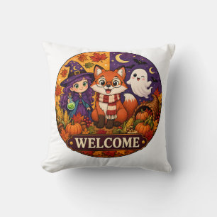 Cute Halloween Fox Witch Ghost Fall Autumn Welcome Cushion