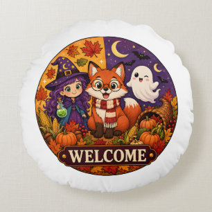 Cute Halloween Fox Witch Ghost Fall Autumn Welcome Round Cushion
