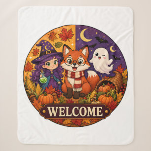Cute Halloween Fox Witch Ghost Fall Autumn Welcome Sherpa Blanket
