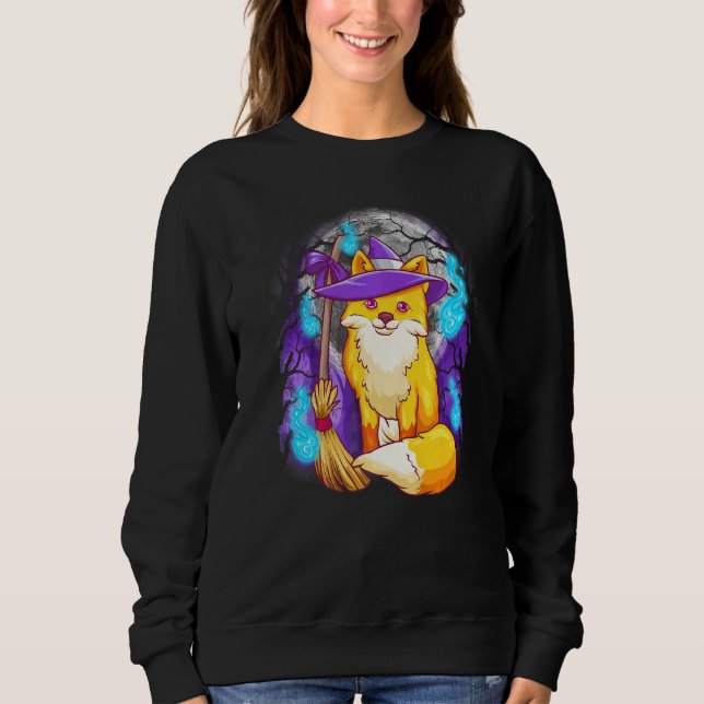 Cute Halloween Fox Witch With Moon And Tree Silhou Sweatshirt (Front)
