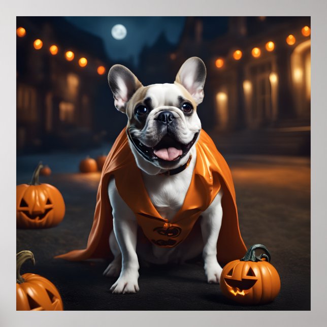 Cute Halloween French Bulldog With Pumpkins Poster (Front)