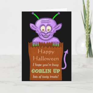 Cute Halloween Funny Purple Goblin Cartoon Pun Card
