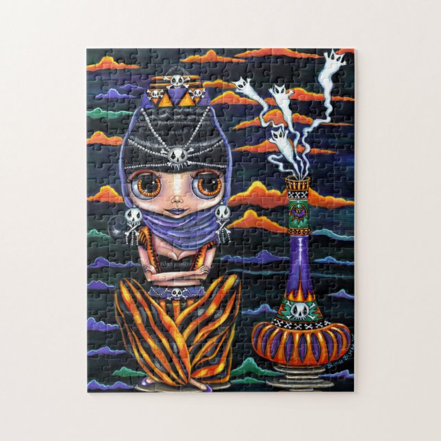 Cute Halloween Genie Girl Big Eyes Kitty Ghosts Jigsaw Puzzle (Vertical)