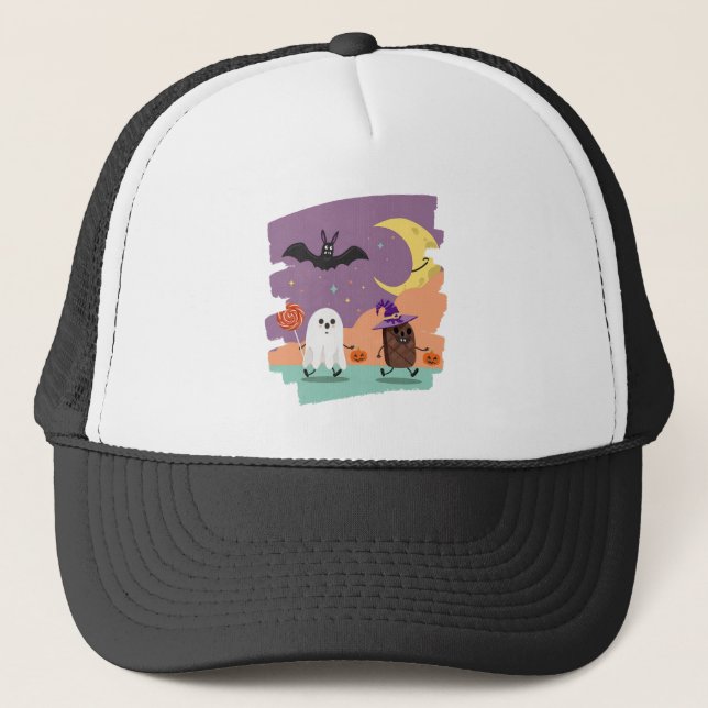 Cute Halloween Ghost and Candy Friends Trucker Hat (Front)