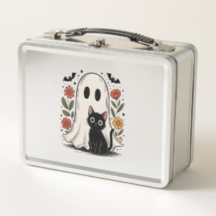Cute Halloween Ghost and Cat Metal Lunch Box