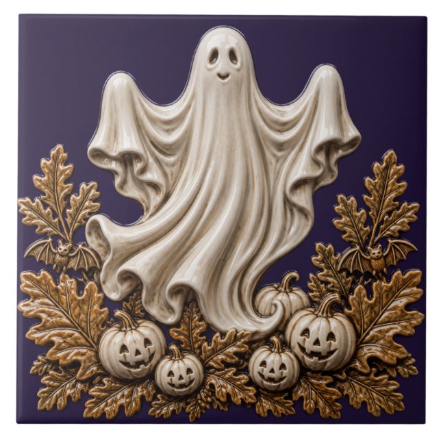 Cute Halloween Ghost and Jack O Lanterns Ceramic Tile (Front)
