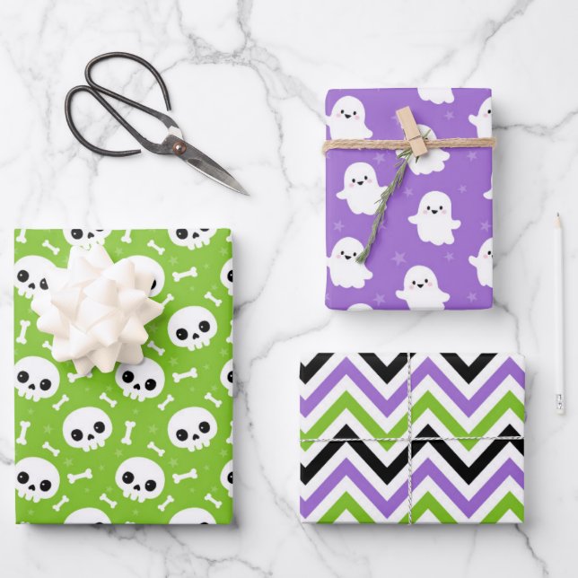 Cute Halloween Ghost and Skulls Patterns Wrapping Paper Sheet (Front)
