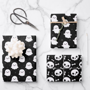 Cute Halloween Ghost and Skulls Patterns Wrapping Paper Sheet