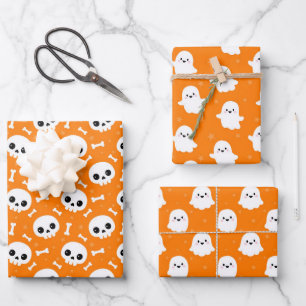 Cute Halloween Ghost and Skulls Patterns Wrapping Paper Sheet