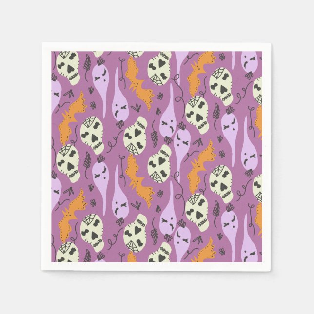Cute Halloween Ghost Bat Skull Doodle Pattern Napkin (Front)