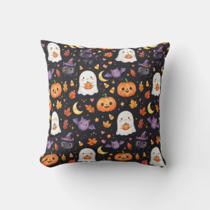 Cute Halloween Ghost & Black Cat Throw Pillow