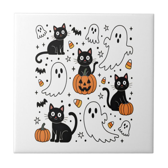 Cute Halloween Ghost Boo Cat Ceramic Tile (Front)