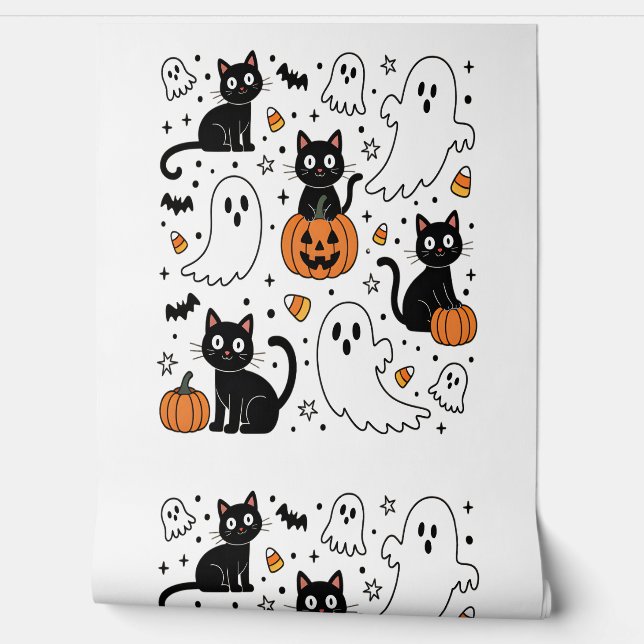 Cute Halloween Ghost Boo Cat Wallpaper (Unrolling)