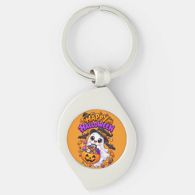 Cute Halloween Ghost Candy Pumpkin Key Ring (Front)