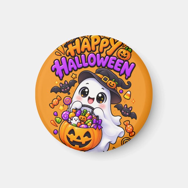 Cute Halloween Ghost Candy Pumpkin Magnet (Front)