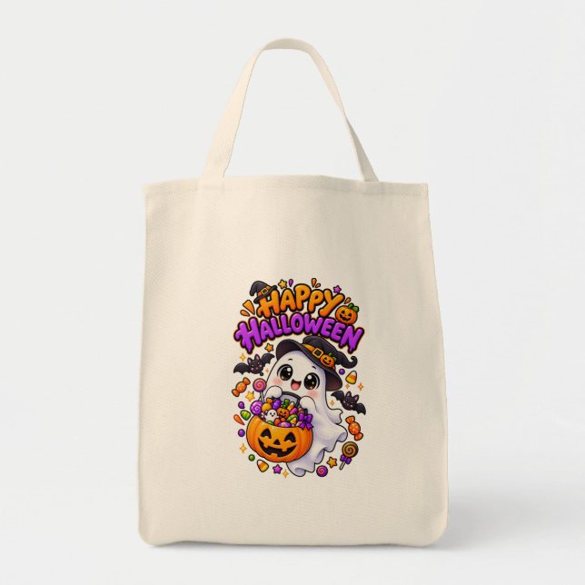Cute Halloween Ghost Candy Pumpkin Tote Bag (Front)