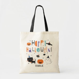 Cute Halloween Ghost, Cat, Bat and Pumpkins Tote Bag
