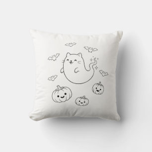 Cute Halloween Ghost Cat Pumpkins Bats Line Art St Cushion