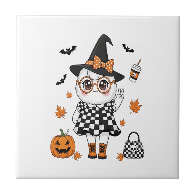 Cute Halloween Ghost Ceramic Tile (Front)