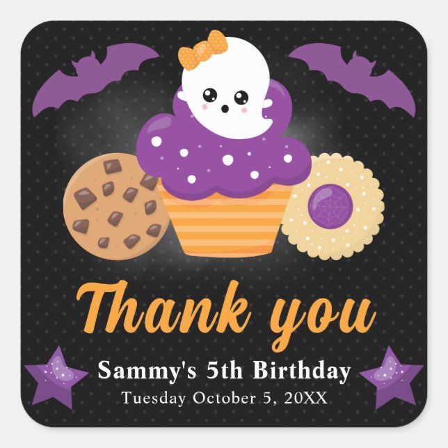 Cute Halloween Ghost Cupcake Kids Birthday Square Sticker (Front)