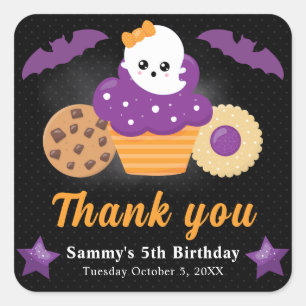 Cute Halloween Ghost Cupcake Kids Birthday Square Sticker