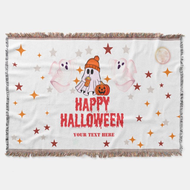 Cute Halloween Ghost | Custom Text Throw Blanket (Front)