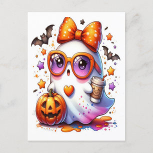 Cute Halloween Ghost Drink Pumpkin Spooky 2025 Holiday Postcard